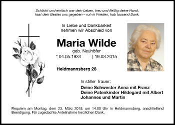 Traueranzeige von Maria Wilde von Hersbrucker Zeitung