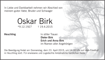 Traueranzeige von Oskar Birk von Pegnitz-Zeitung