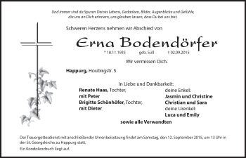 Traueranzeige von Erna Bodendörfer von Hersbrucker Zeitung