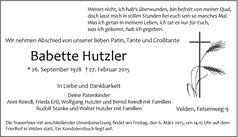  Traueranzeige für Babette Hutzler vom 04.03.2015 aus Hersbrucker Zeitung