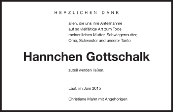 Traueranzeige von Hannchen Gottschalk von Pegnitz-Zeitung