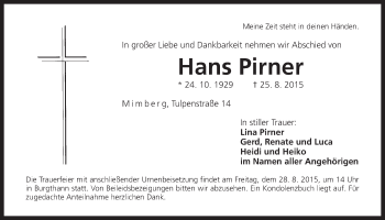 Traueranzeige von Hans Pirner von Der Bote