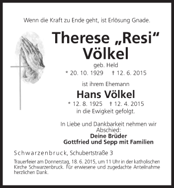 Traueranzeige von Therese Völkel von Der Bote