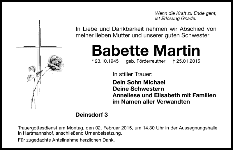  Traueranzeige für Babette Martin vom 31.01.2015 aus Hersbrucker Zeitung