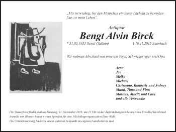 Traueranzeige von Bengt Alvin Birck von Hersbrucker Zeitung