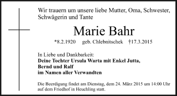 Traueranzeige von Marie Bahr von Pegnitz-Zeitung