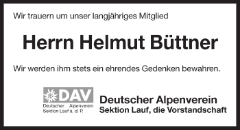 Traueranzeige von Helmut Büttner von Pegnitz-Zeitung