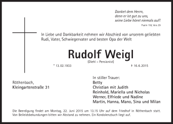 Traueranzeige von Rudolf Weigl von Pegnitz-Zeitung