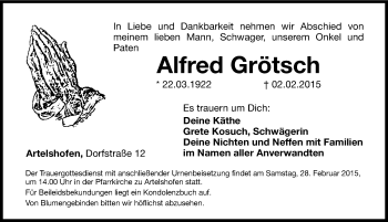 Traueranzeige von Alfred Grötsch von Hersbrucker Zeitung