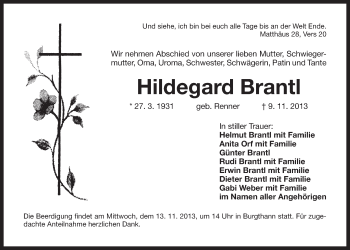 Traueranzeige von Hildegard Brantl von Der Bote