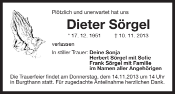 Traueranzeige von Dieter Sörgel von Der Bote