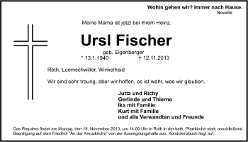 Traueranzeige von Ursl Fischer von Der Bote
