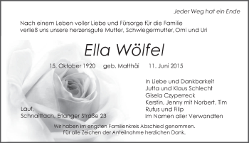 Traueranzeige von Ella Wölfel von Pegnitz-Zeitung