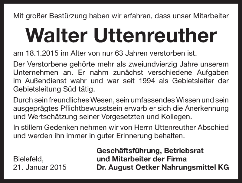  Traueranzeige für Walter Uttenreuther vom 24.01.2015 aus Pegnitz-Zeitung