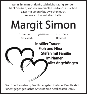 Traueranzeige von Margit Simon von Hersbrucker Zeitung