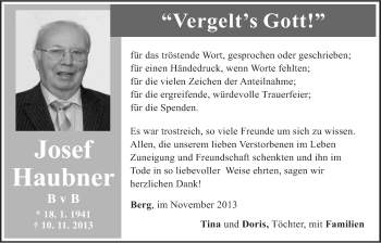 Traueranzeige von Josef Haubner von Der Bote