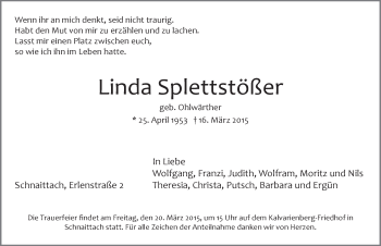 Traueranzeige von Linda Splettstößer von Pegnitz-Zeitung