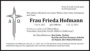 Traueranzeige von Frieda Hofmann von Der Bote