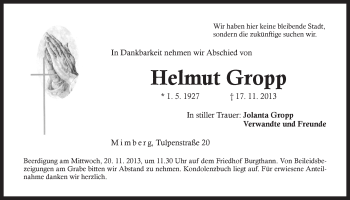Traueranzeige von Helmut Gropp von Der Bote