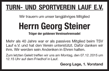 Traueranzeige von Georg Steiner von Pegnitz-Zeitung