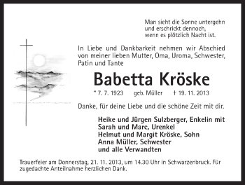 Traueranzeige von Babetta Kröske von Der Bote