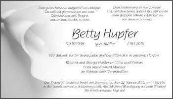 Traueranzeige von Betty Hupfer von Pegnitz-Zeitung
