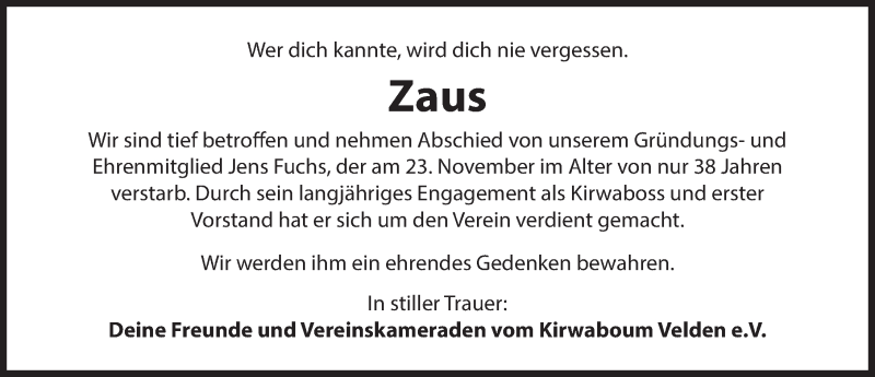  Traueranzeige für Jens Fuchs vom 30.11.2015 aus Hersbrucker Zeitung