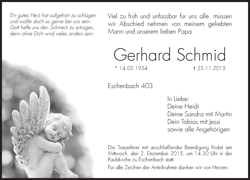  Traueranzeige für Gerhard Schmid vom 28.11.2015 aus Hersbrucker Zeitung