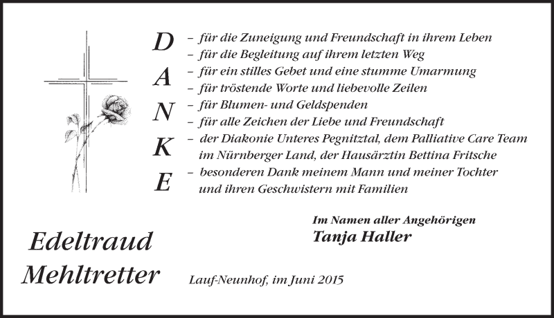  Traueranzeige für Edeltraud Mehltretter vom 27.06.2015 aus Pegnitz-Zeitung