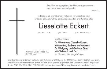 Traueranzeige von Lieselotte Eckert von Pegnitz-Zeitung