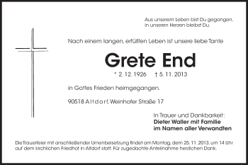 Traueranzeige von Grete End von Der Bote