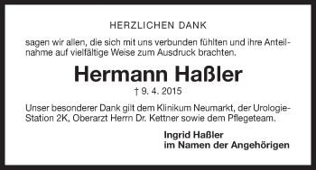 Traueranzeige von Hermann Haßler von Der Bote