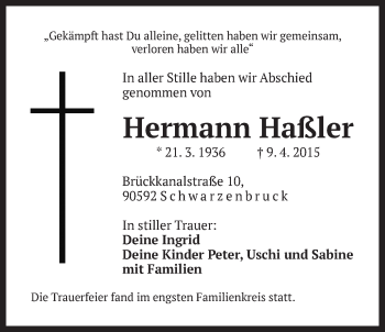 Traueranzeige von Hermann Haßler von Der Bote