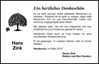 Traueranzeige von Hans Zink von Hersbrucker Zeitung