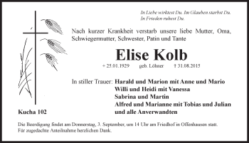 Traueranzeige von Elise Kolb von Hersbrucker Zeitung