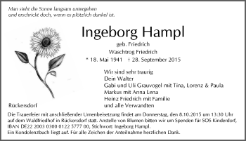 Traueranzeige von Ingeborg Hampl von Pegnitz-Zeitung