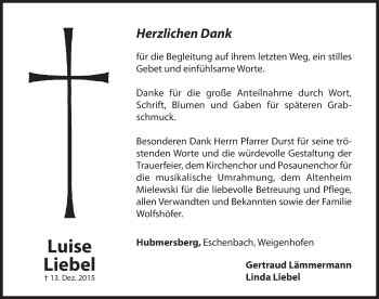 Traueranzeige von Luise Liebel von Hersbrucker Zeitung