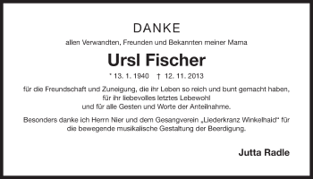 Traueranzeige von Ursl Fischer von Der Bote