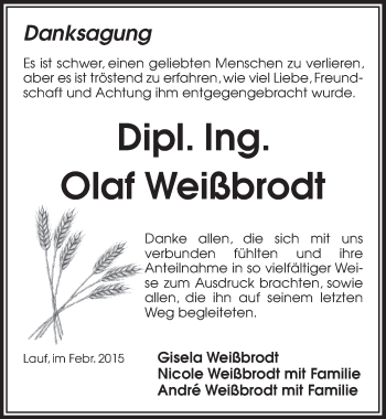 Traueranzeige von Olaf Weißbrodt von Pegnitz-Zeitung