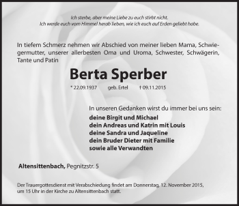 Traueranzeige von Berta Sperber von Hersbrucker Zeitung