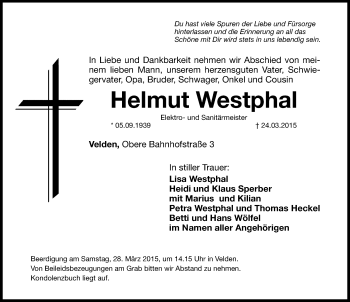 Traueranzeige von Helmut Westphal von Hersbrucker Zeitung