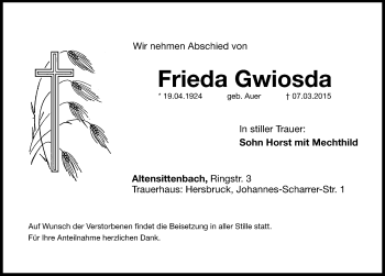 Traueranzeige von Frieda Gwiosda von Hersbrucker Zeitung