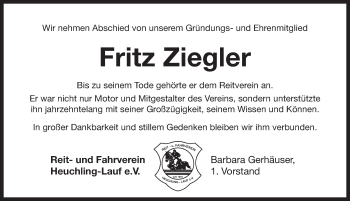 Traueranzeige von Fritz Ziegler von Pegnitz-Zeitung