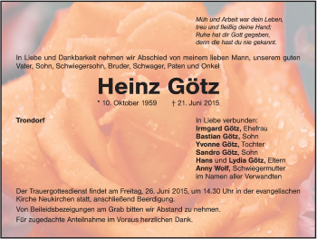 Traueranzeige von Heinz Götz von Hersbrucker Zeitung