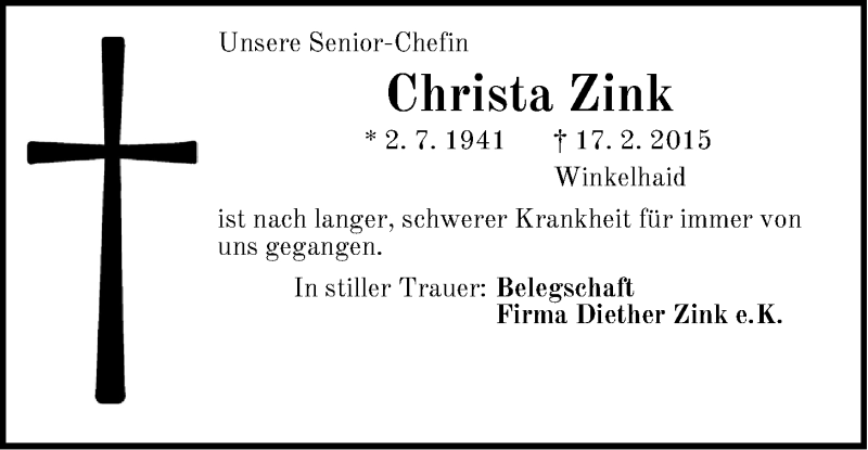  Traueranzeige für Christa Zink vom 20.02.2015 aus Der Bote