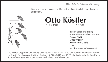Traueranzeige von Otto Köstler von Pegnitz-Zeitung