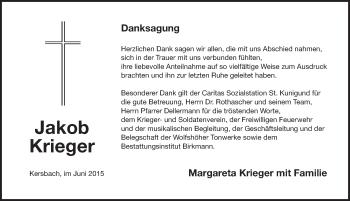 Traueranzeige von Jakob Krieger von Pegnitz-Zeitung