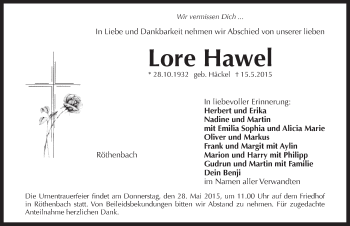 Traueranzeige von Lore Hawel von Pegnitz-Zeitung