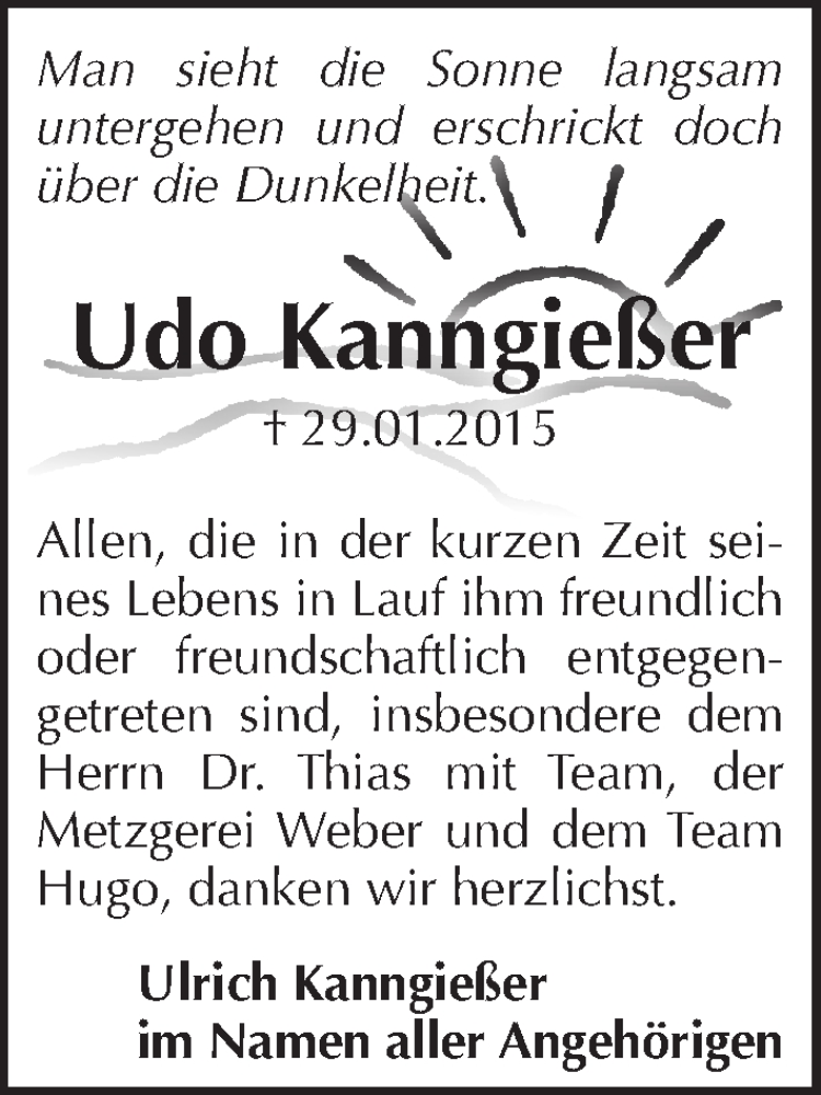  Traueranzeige für Udo Kanngießer vom 03.02.2015 aus Pegnitz-Zeitung