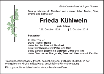 Traueranzeige von Frieda Kühlwein von Hersbrucker Zeitung